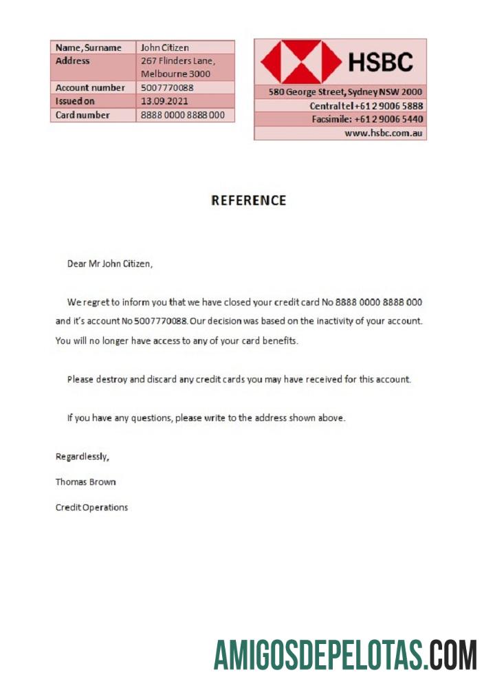 Referência de fechamento do HSBC da Austrália modelo